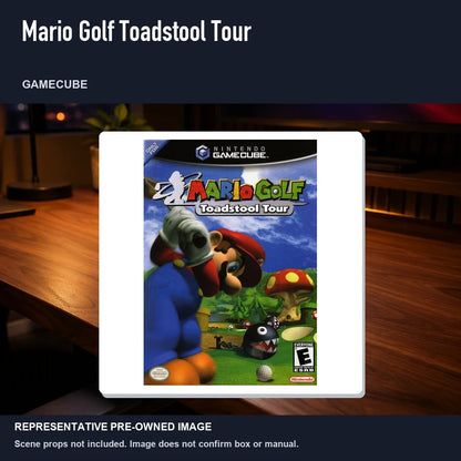 Representative pre-owned Mario Golf Toadstool Tour (GameCube), product image in a styled desk scene.