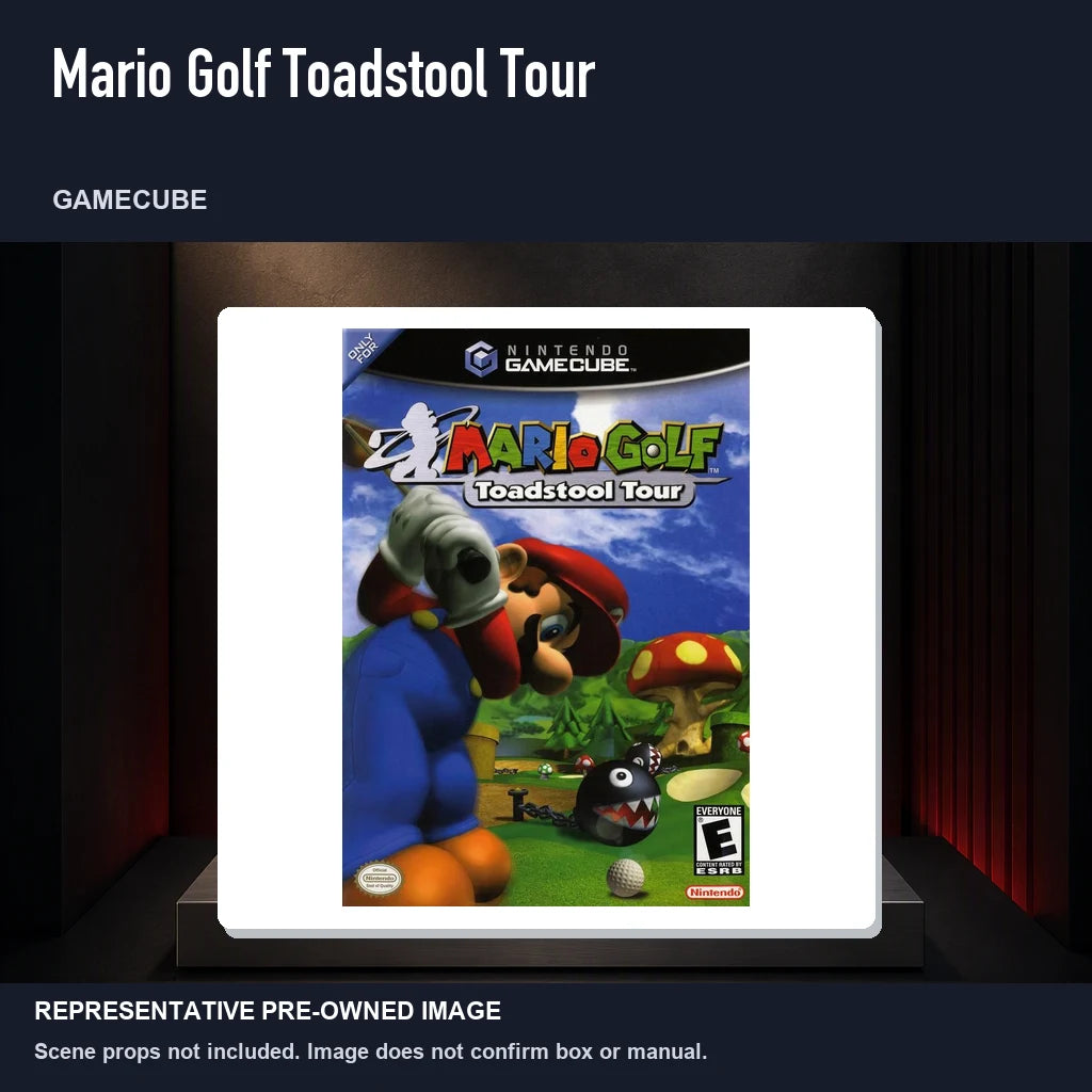 Representative pre-owned Mario Golf Toadstool Tour (GameCube), product image on a display panel.
