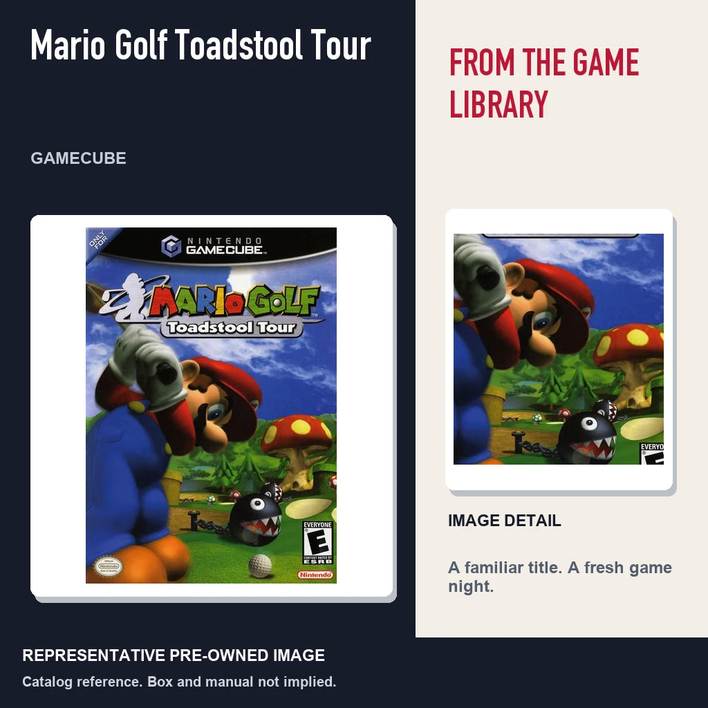 Representative pre-owned Mario Golf Toadstool Tour (GameCube), editorial image and detail.