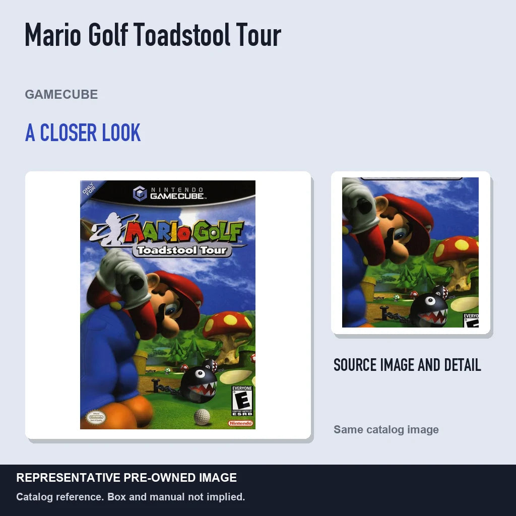 Representative pre-owned Mario Golf Toadstool Tour (GameCube), full image with detail inset.