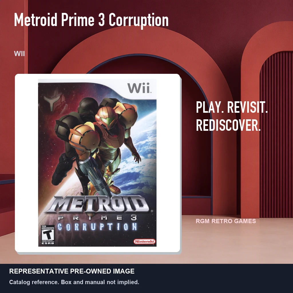 Representative pre-owned Metroid Prime 3 Corruption (Wii), red retro product layout.