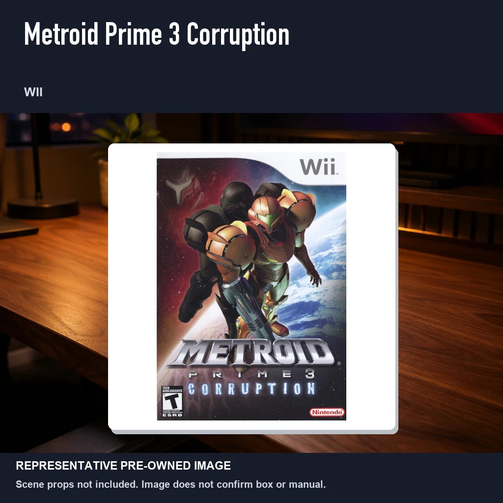 Representative pre-owned Metroid Prime 3 Corruption (Wii), product image in a styled desk scene.