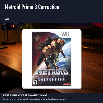 Representative pre-owned Metroid Prime 3 Corruption (Wii), product image in a styled desk scene.