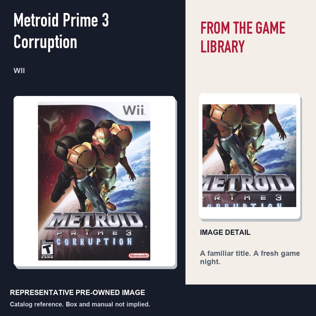 Representative pre-owned Metroid Prime 3 Corruption (Wii), editorial image and detail.