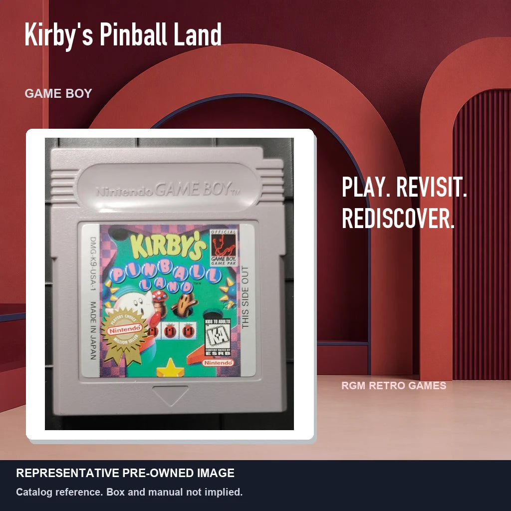 Representative pre-owned Kirby's Pinball Land (Game Boy), red retro product layout.