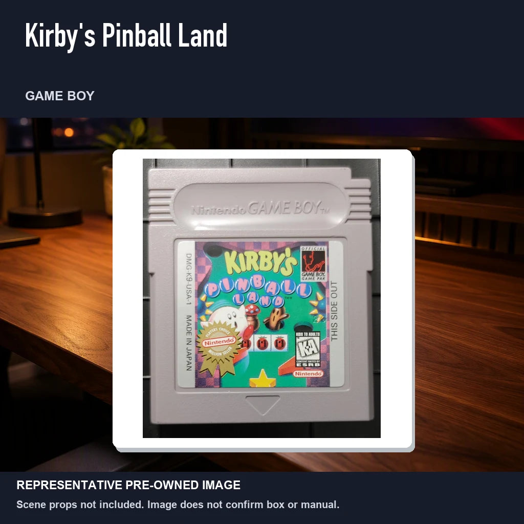 Representative pre-owned Kirby's Pinball Land (Game Boy), product image in a styled desk scene.
