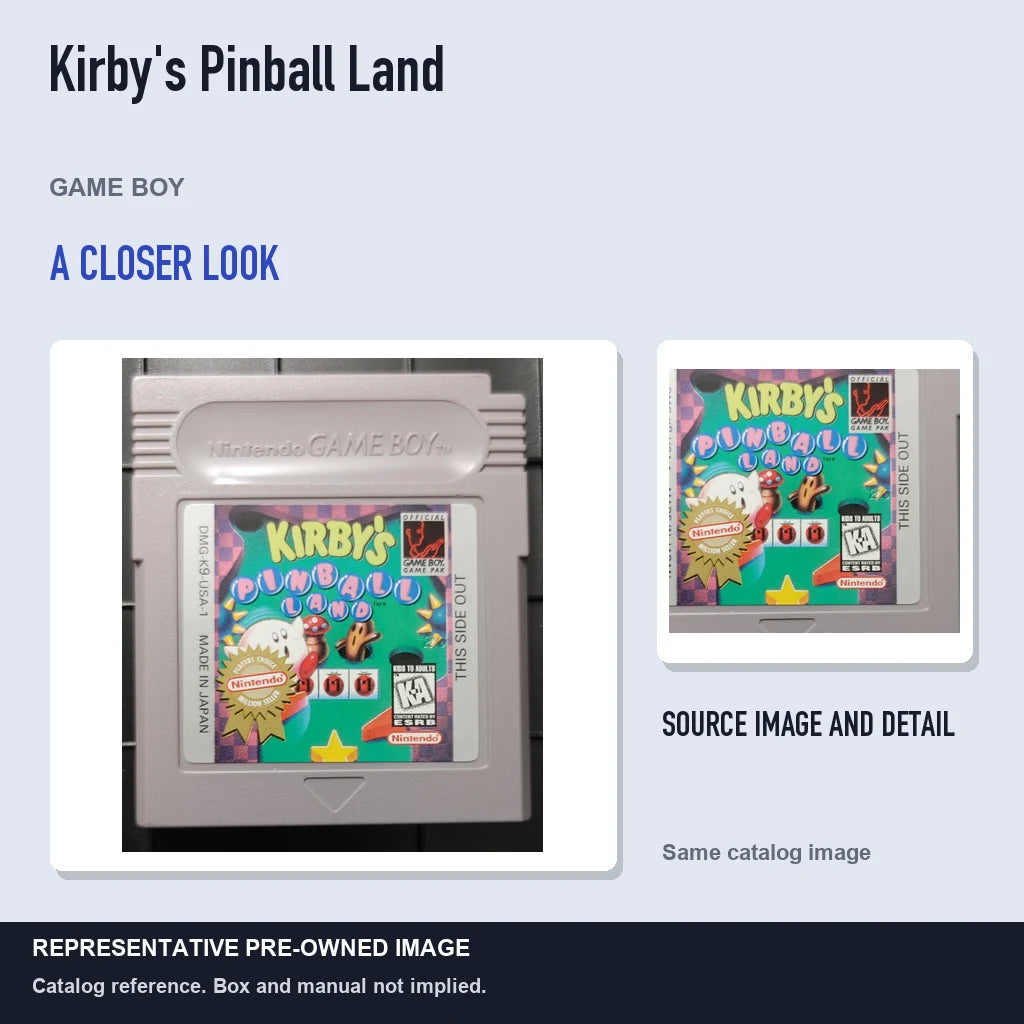 Representative pre-owned Kirby's Pinball Land (Game Boy), full image with detail inset.