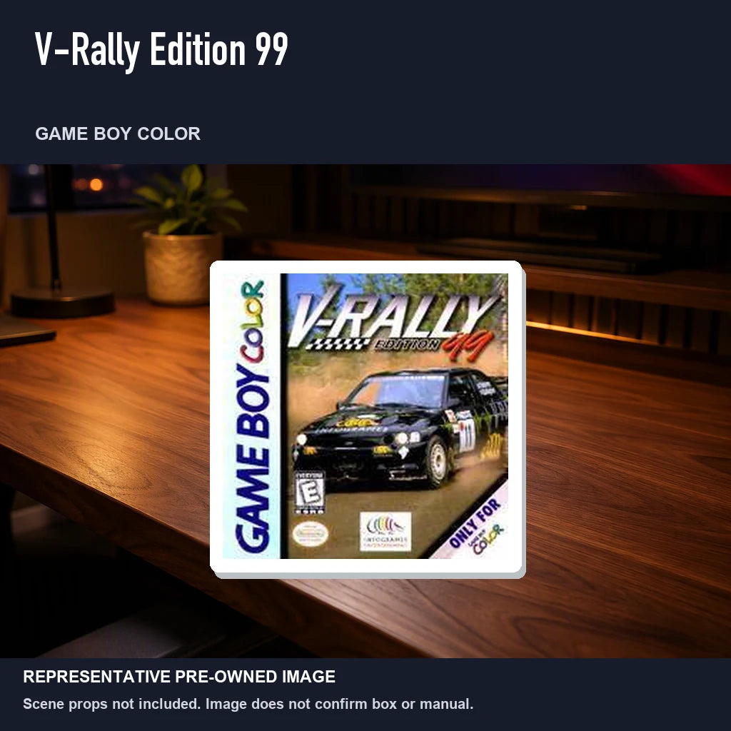 Representative pre-owned V-Rally Edition 99 (Game Boy Color), product image in a styled desk scene.