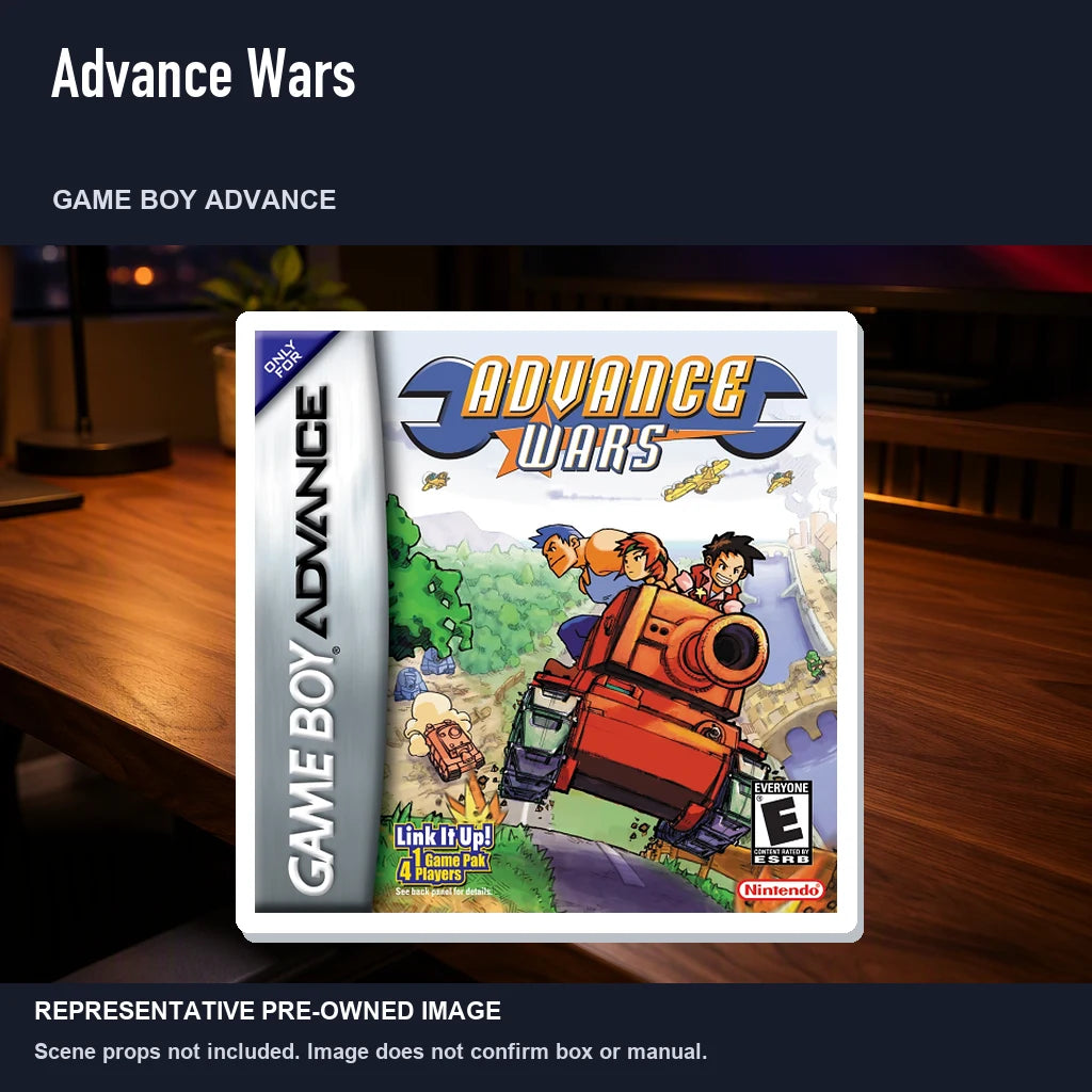 Representative pre-owned Advance Wars (Game Boy Advance), product image in a styled desk scene.