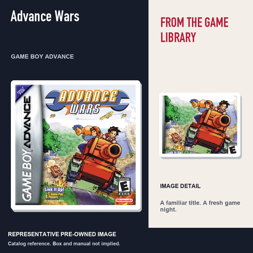 Representative pre-owned Advance Wars (Game Boy Advance), editorial image and detail.