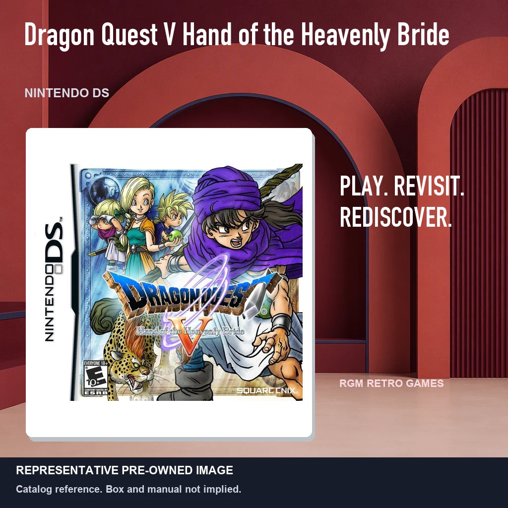 Representative pre-owned Dragon Quest V Hand of the Heavenly Bride (Nintendo DS), red retro product layout.