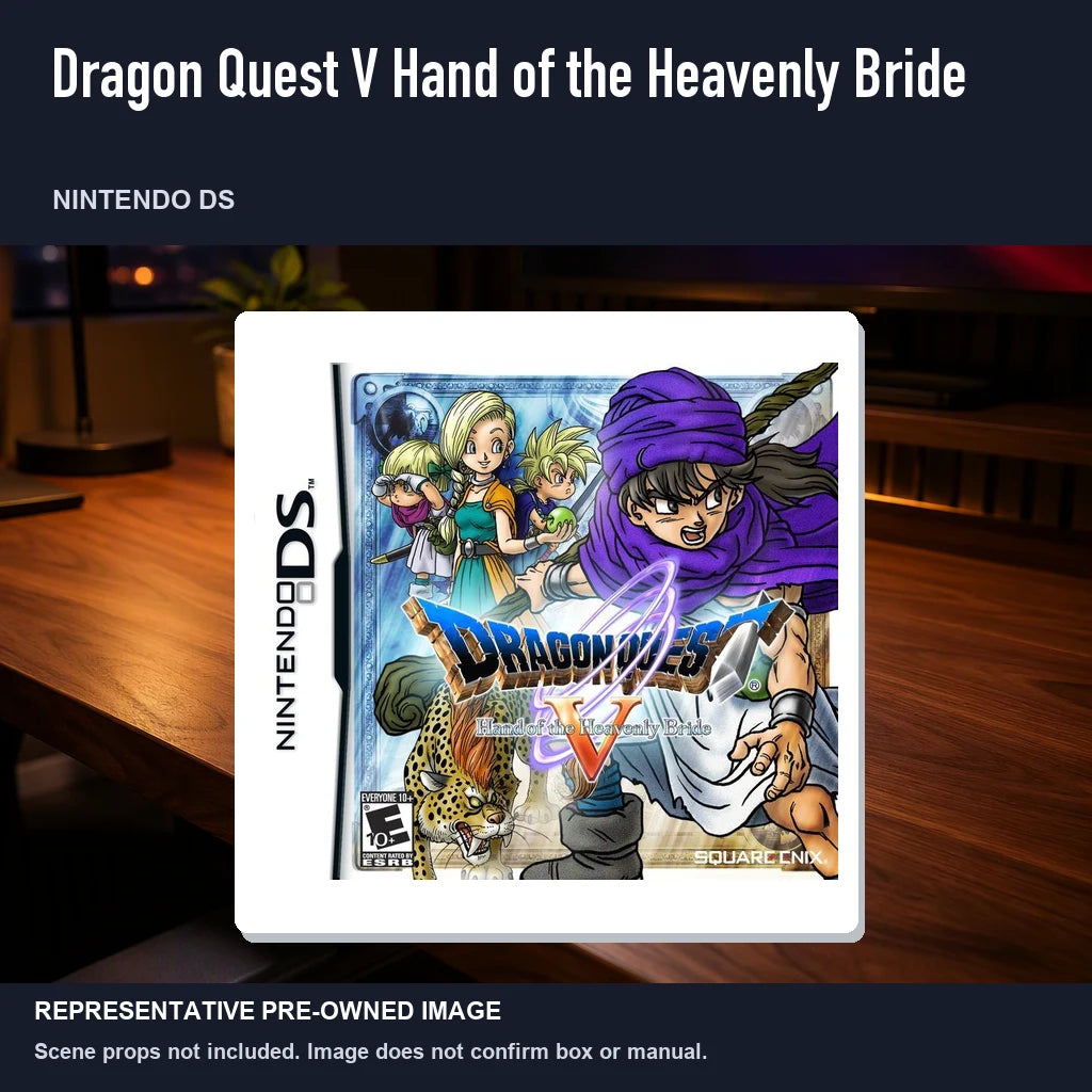 Representative pre-owned Dragon Quest V Hand of the Heavenly Bride (Nintendo DS), product image in a styled desk scene.
