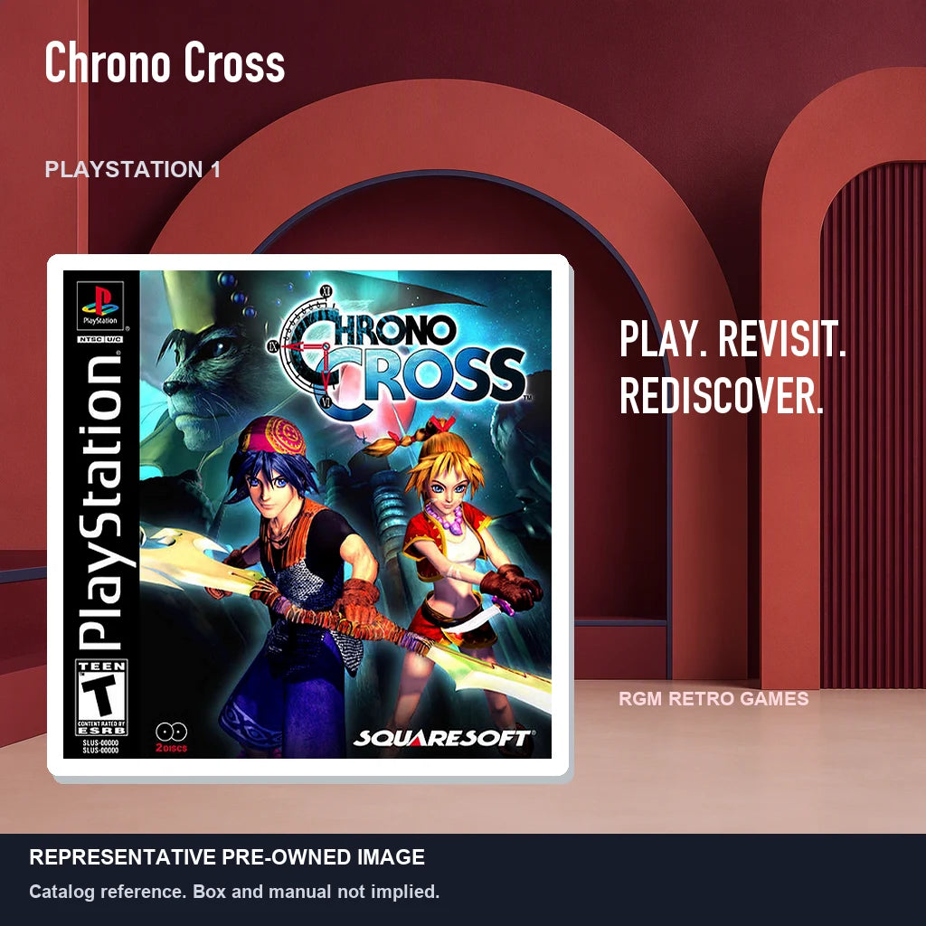 Representative pre-owned Chrono Cross (PlayStation 1), red retro product layout.