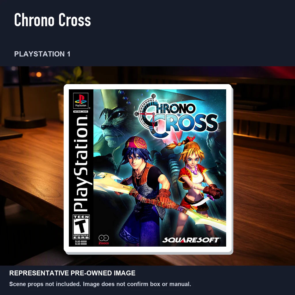 Representative pre-owned Chrono Cross (PlayStation 1), product image in a styled desk scene.