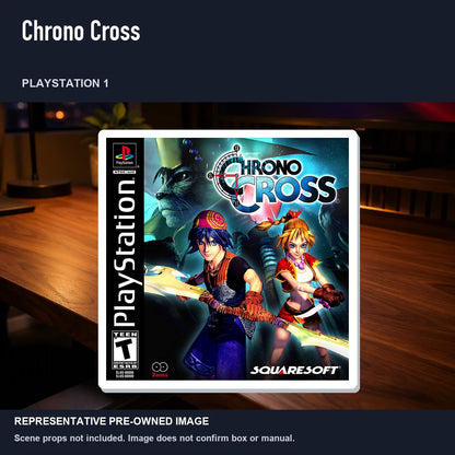 Representative pre-owned Chrono Cross (PlayStation 1), product image in a styled desk scene.