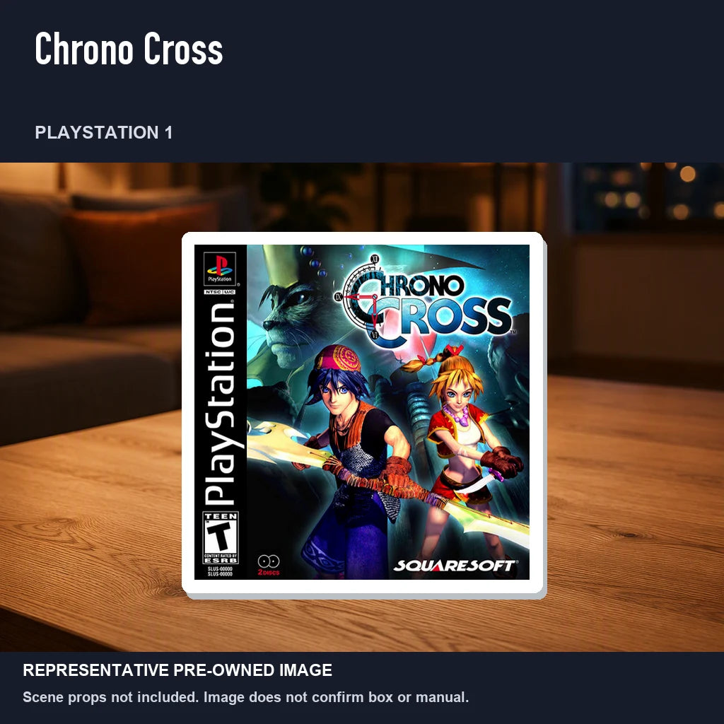 Representative pre-owned Chrono Cross (PlayStation 1), product image in a styled room scene.