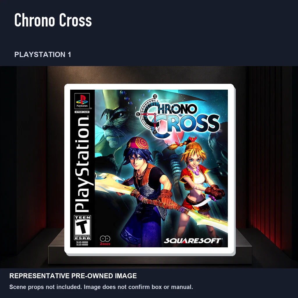 Representative pre-owned Chrono Cross (PlayStation 1), product image on a display panel.