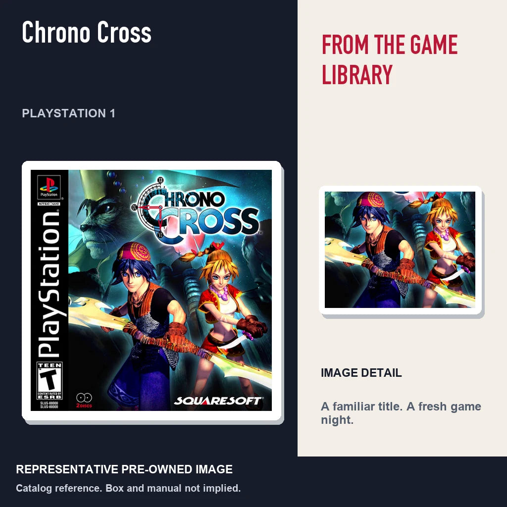 Representative pre-owned Chrono Cross (PlayStation 1), editorial image and detail.