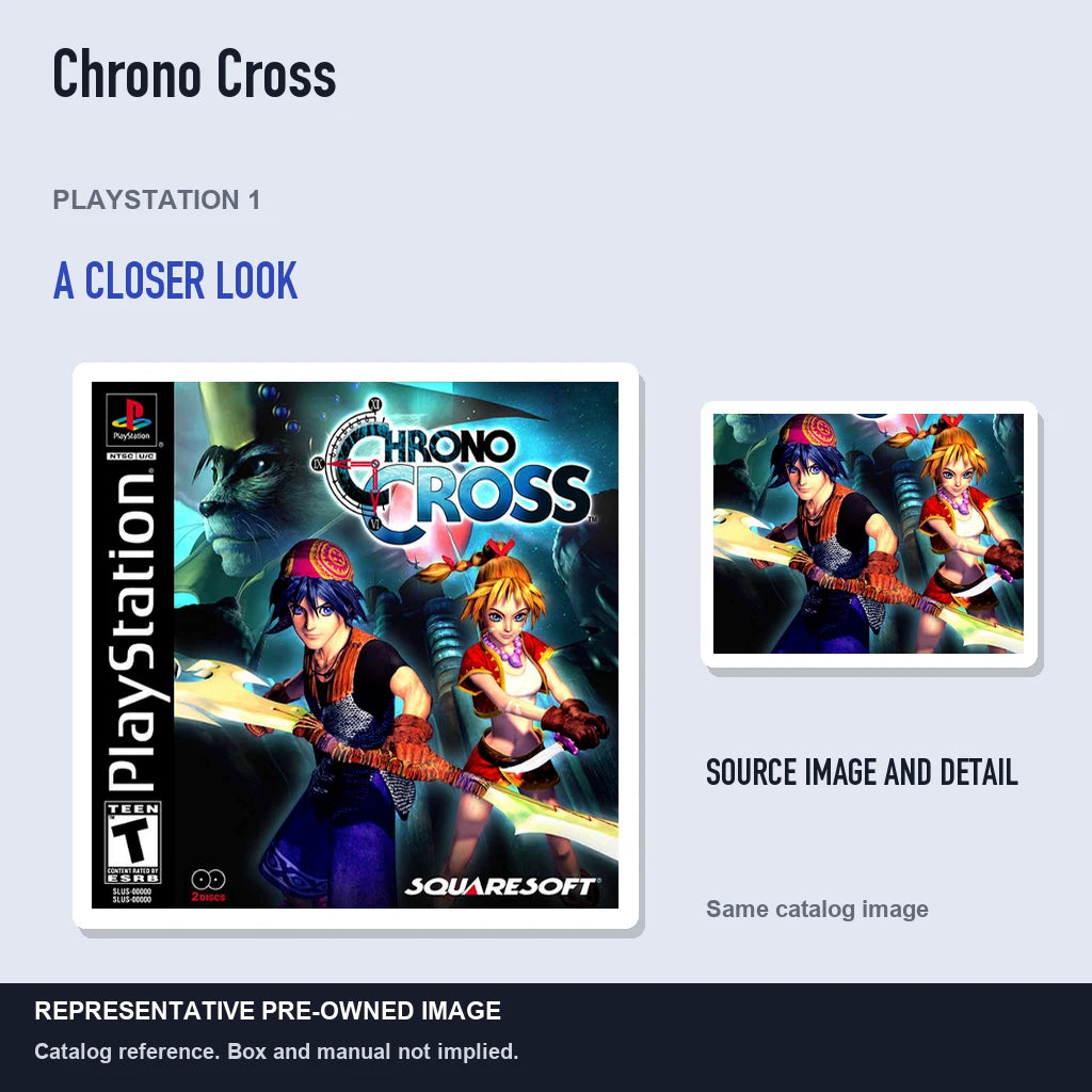 Representative pre-owned Chrono Cross (PlayStation 1), full image with detail inset.