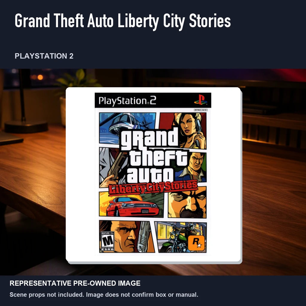 Representative pre-owned Grand Theft Auto Liberty City Stories (PlayStation 2), product image in a styled desk scene.