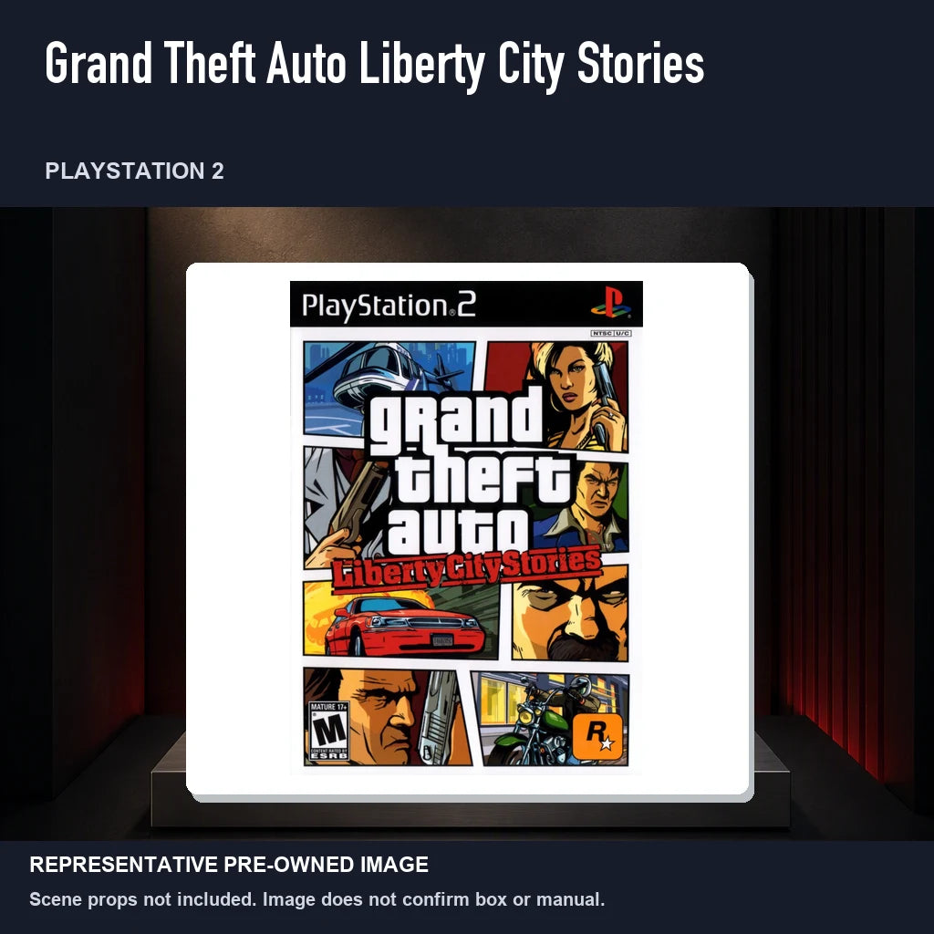 Representative pre-owned Grand Theft Auto Liberty City Stories (PlayStation 2), product image on a display panel.