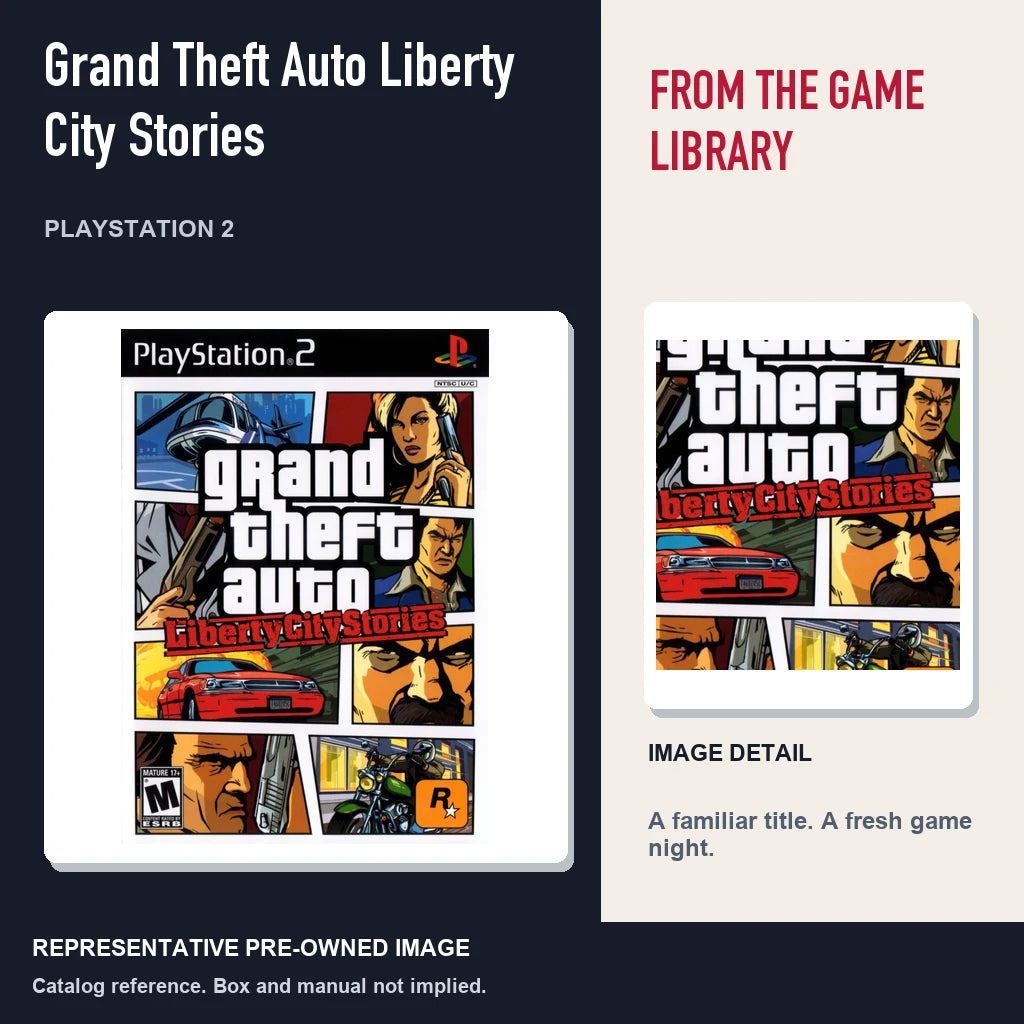 Representative pre-owned Grand Theft Auto Liberty City Stories (PlayStation 2), editorial image and detail.