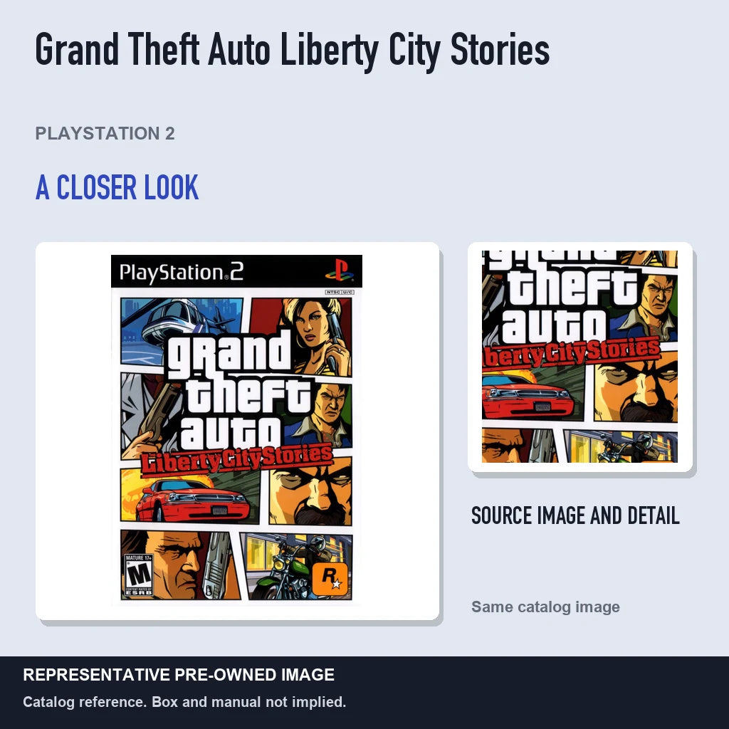 Representative pre-owned Grand Theft Auto Liberty City Stories (PlayStation 2), full image with detail inset.