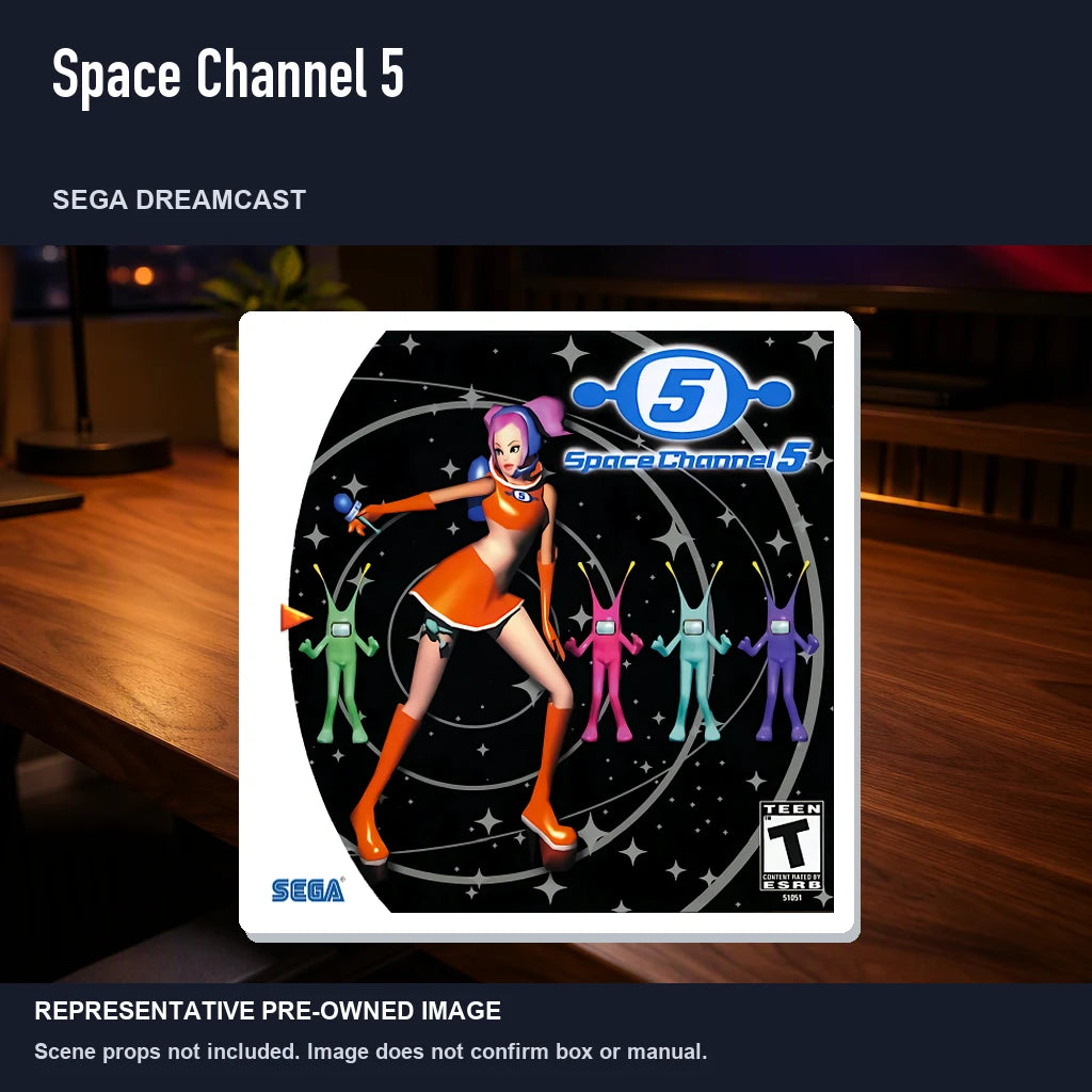 Representative pre-owned Space Channel 5 (Sega Dreamcast), product image in a styled desk scene.