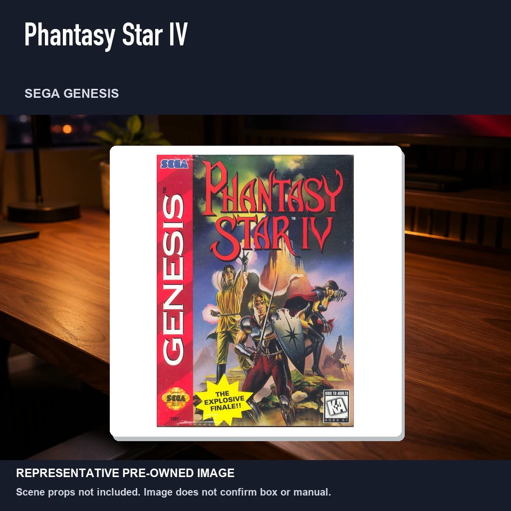 Representative pre-owned Phantasy Star IV (Sega Genesis), product image in a styled desk scene.