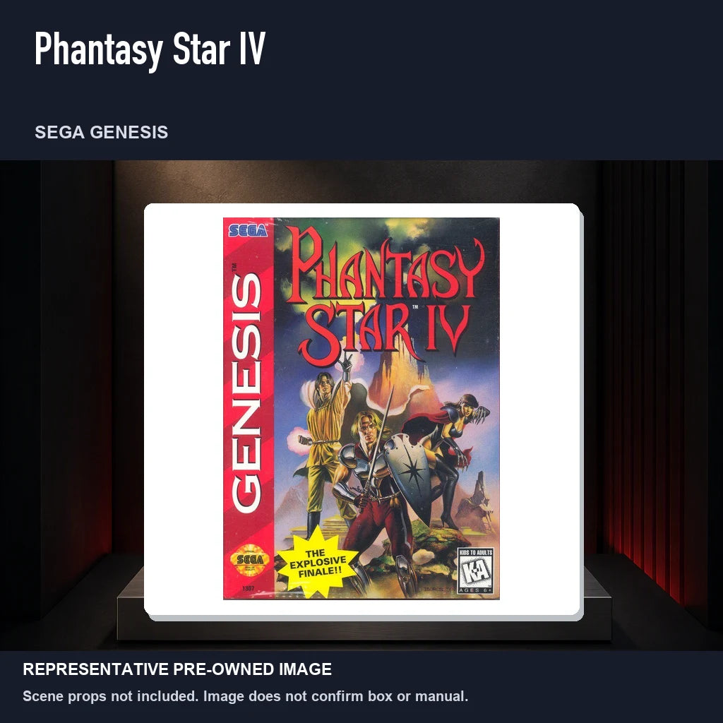 Representative pre-owned Phantasy Star IV (Sega Genesis), product image on a display panel.