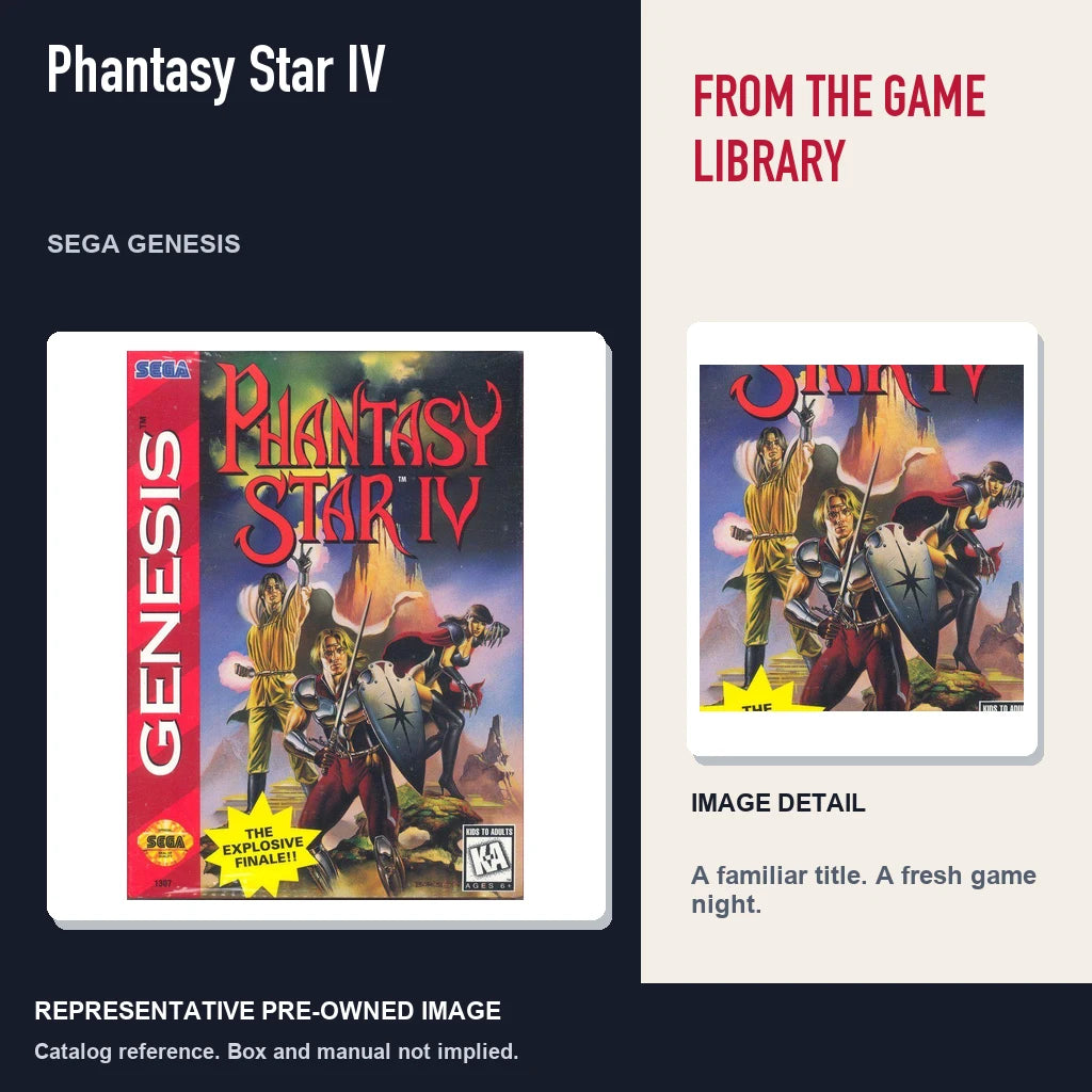 Representative pre-owned Phantasy Star IV (Sega Genesis), editorial image and detail.