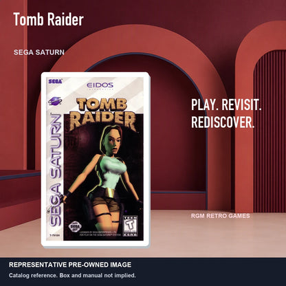Representative pre-owned Tomb Raider (Sega Saturn), red retro product layout.