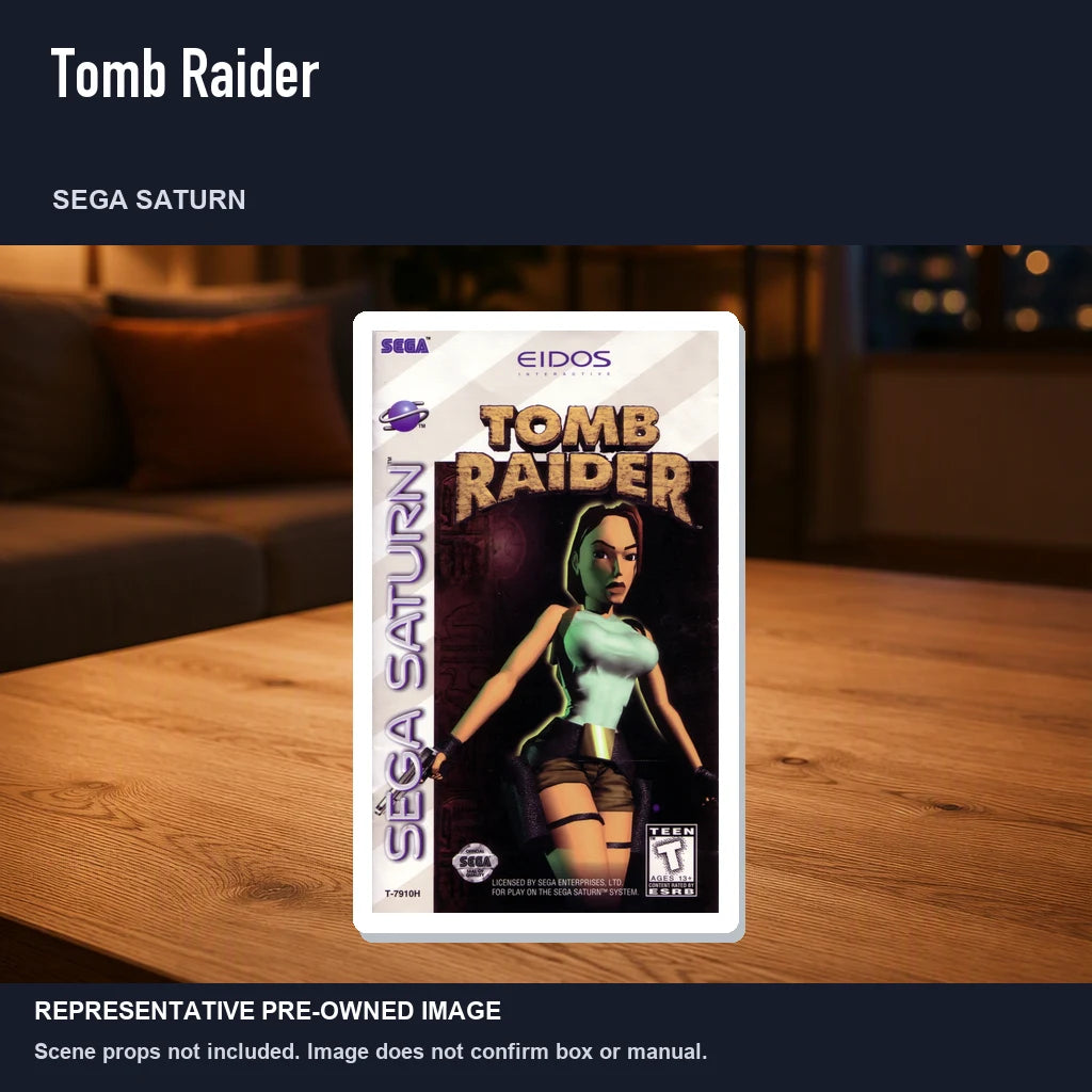 Representative pre-owned Tomb Raider (Sega Saturn), product image in a styled room scene.