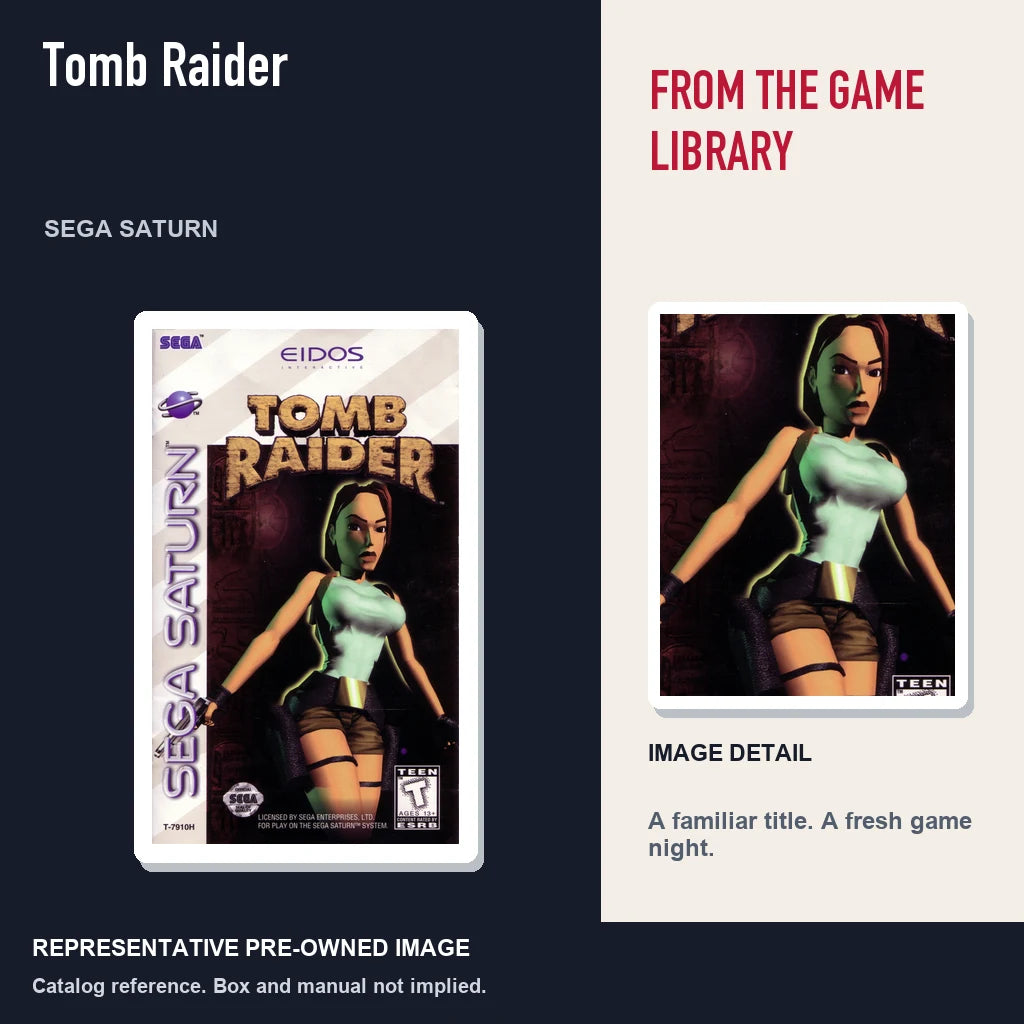 Representative pre-owned Tomb Raider (Sega Saturn), editorial image and detail.