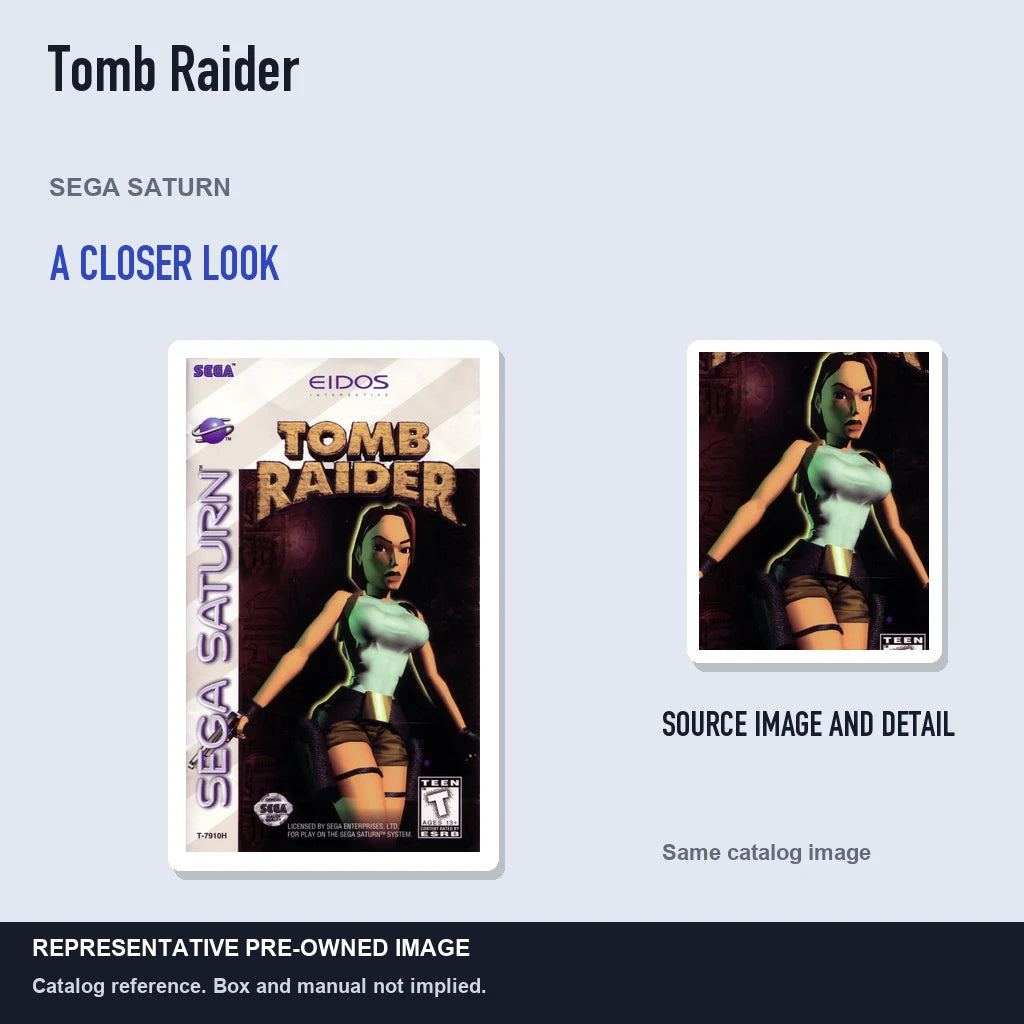 Representative pre-owned Tomb Raider (Sega Saturn), full image with detail inset.