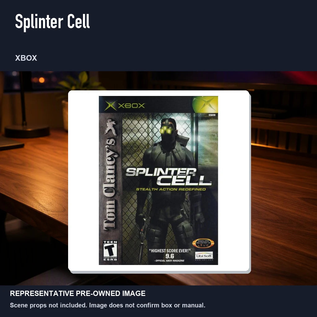 Representative pre-owned Splinter Cell (Xbox), product image in a styled desk scene.