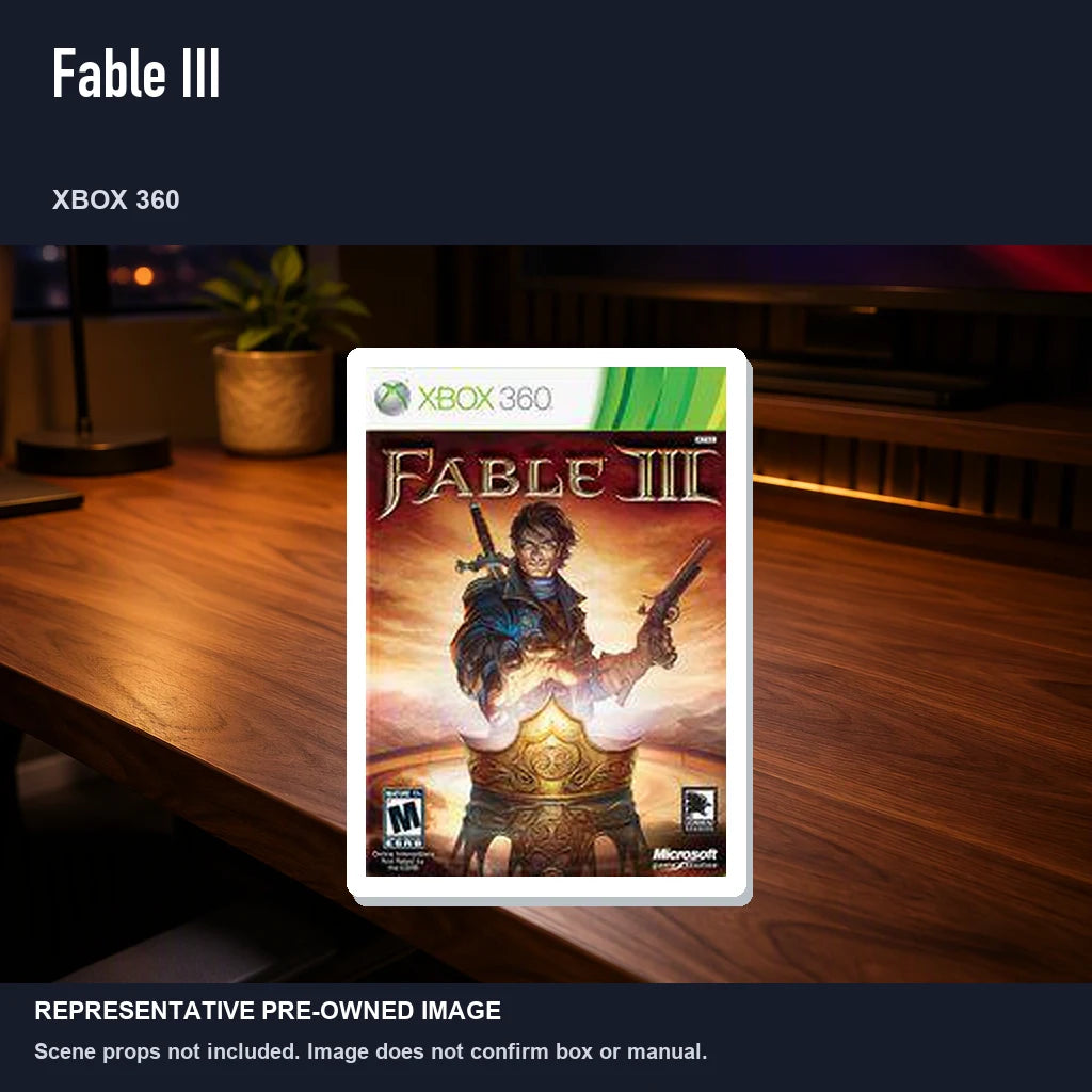 Representative pre-owned Fable III (Xbox 360), product image in a styled desk scene.