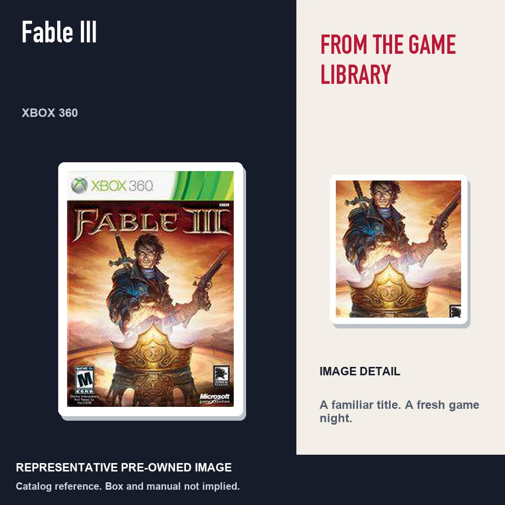 Representative pre-owned Fable III (Xbox 360), editorial image and detail.