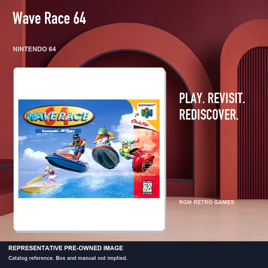 Representative pre-owned Wave Race 64 (Nintendo 64), red retro product layout.