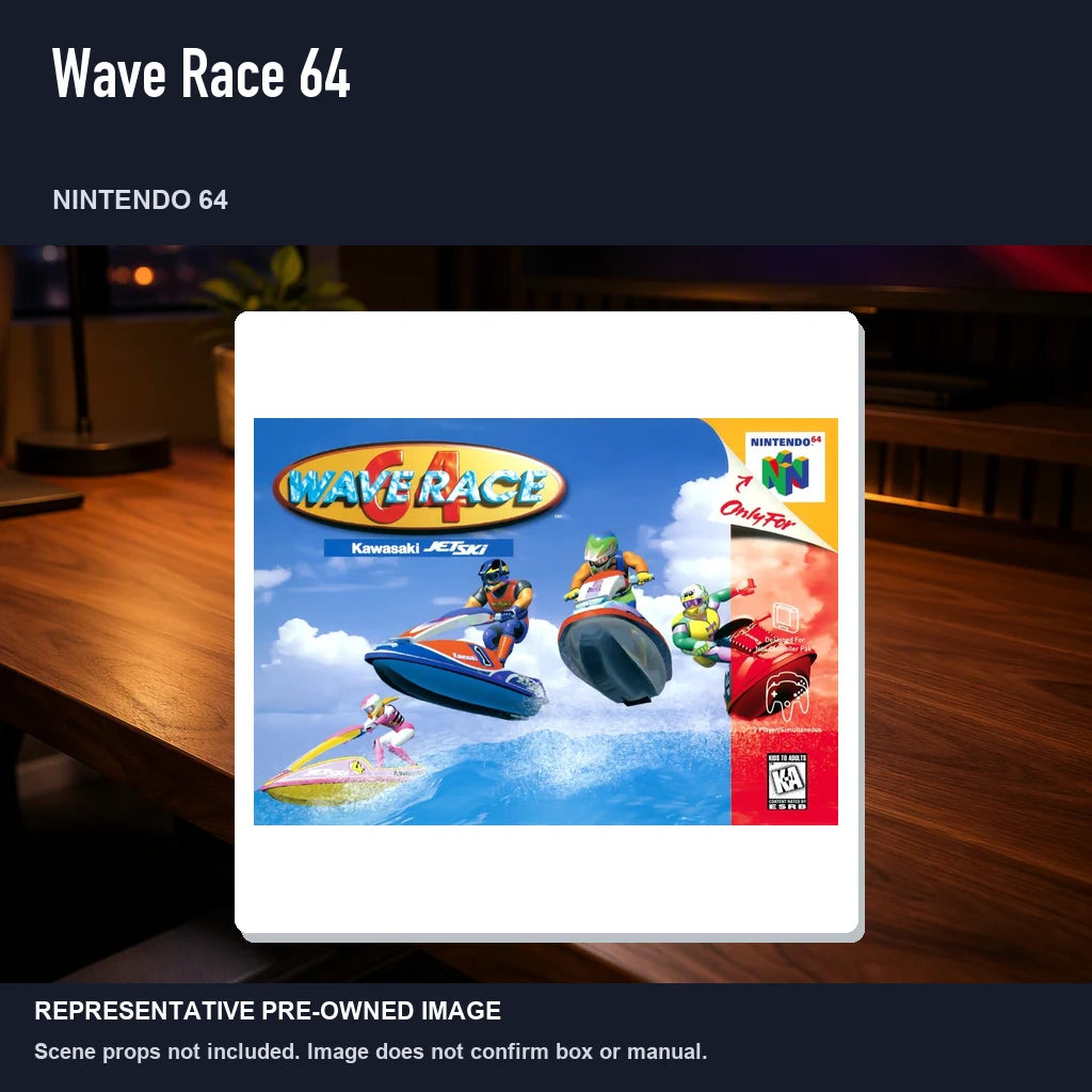 Representative pre-owned Wave Race 64 (Nintendo 64), product image in a styled desk scene.