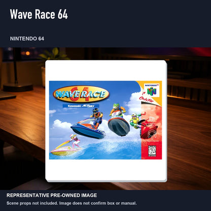 Representative pre-owned Wave Race 64 (Nintendo 64), product image in a styled desk scene.