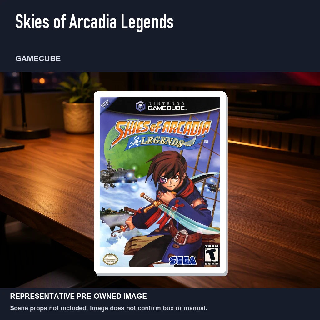 Representative pre-owned Skies of Arcadia Legends (GameCube), product image in a styled desk scene.