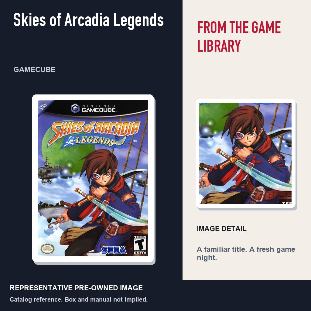 Representative pre-owned Skies of Arcadia Legends (GameCube), editorial image and detail.