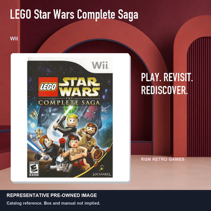 Representative pre-owned LEGO Star Wars Complete Saga (Wii), red retro product layout.