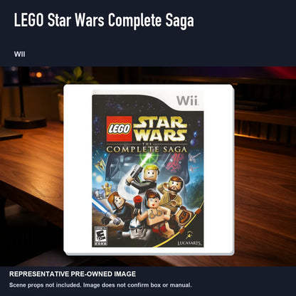 Representative pre-owned LEGO Star Wars Complete Saga (Wii), product image in a styled desk scene.
