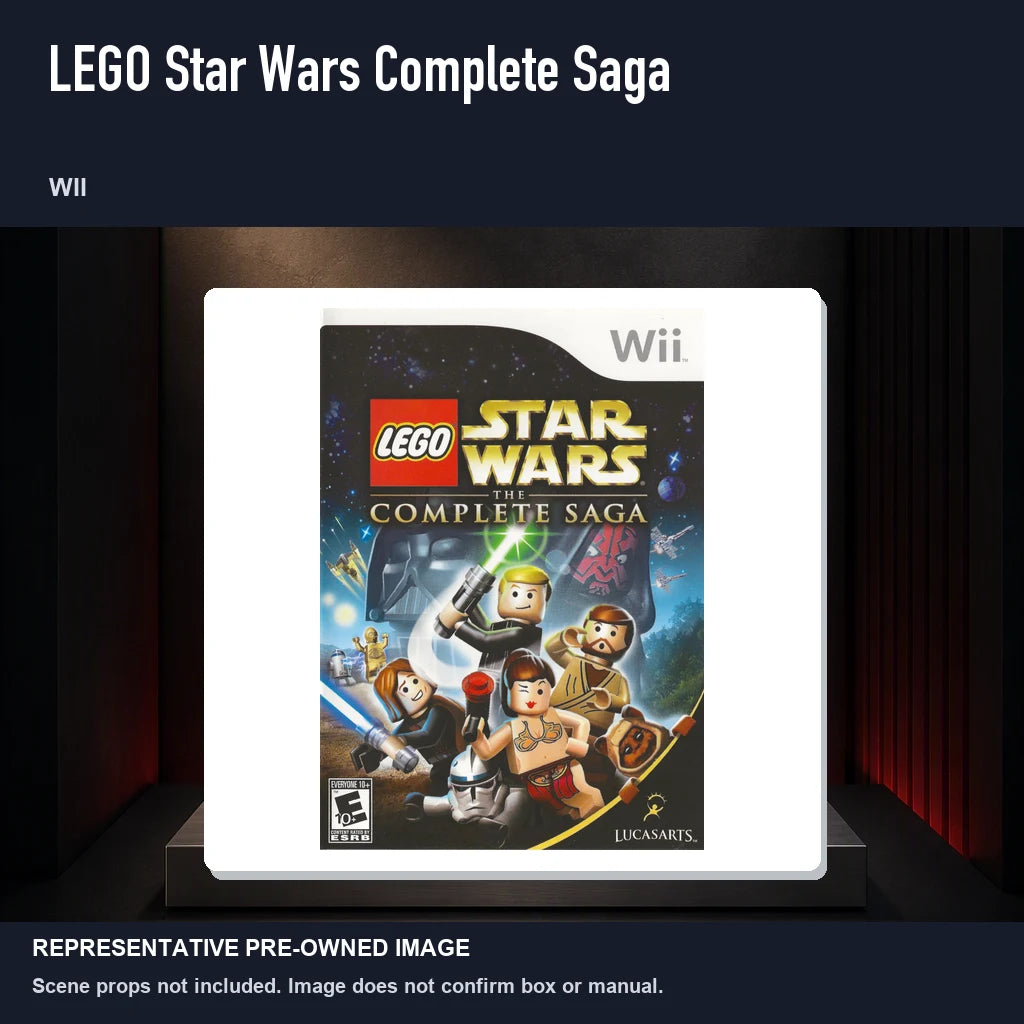 Representative pre-owned LEGO Star Wars Complete Saga (Wii), product image on a display panel.