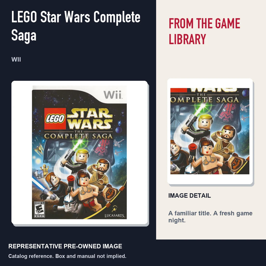 Representative pre-owned LEGO Star Wars Complete Saga (Wii), editorial image and detail.