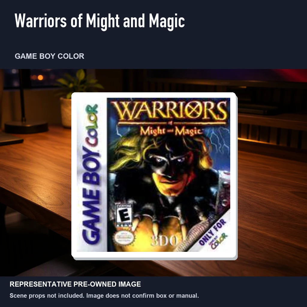 Representative pre-owned Warriors of Might and Magic (Game Boy Color), product image in a styled desk scene.