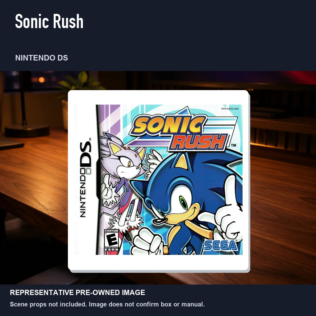 Representative pre-owned Sonic Rush (Nintendo DS), product image in a styled desk scene.
