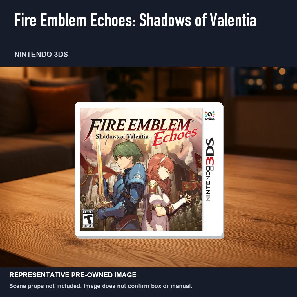 Representative pre-owned Fire Emblem Echoes: Shadows of Valentia (Nintendo 3DS), product image in a styled room scene.